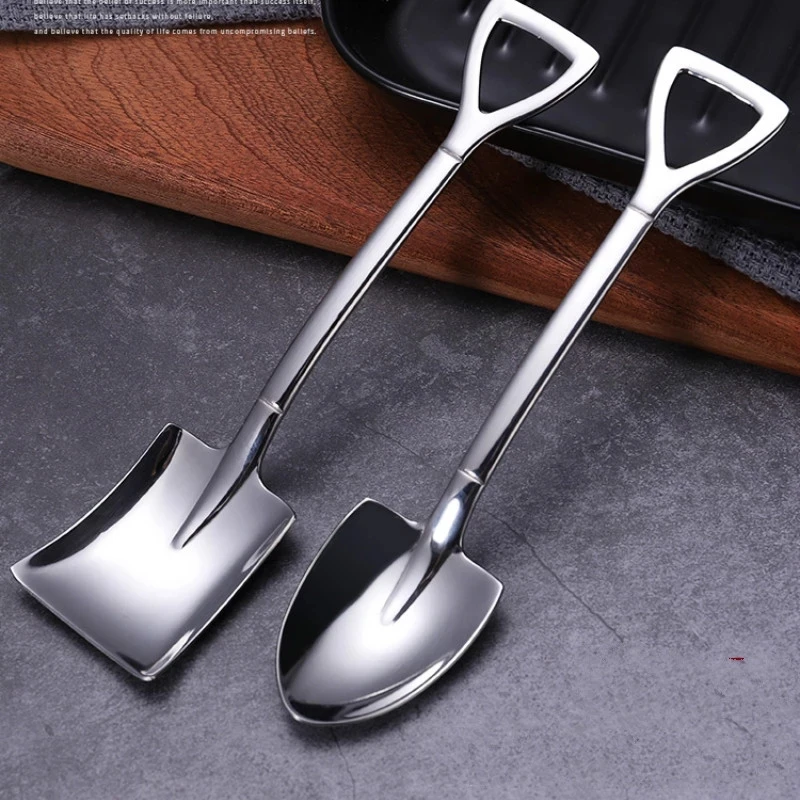 

6Pcs Stainless Steel Iron Shovel Spoon Coffee Ice Cream Engineering Retro Cute Square Head Kitchen Gadget