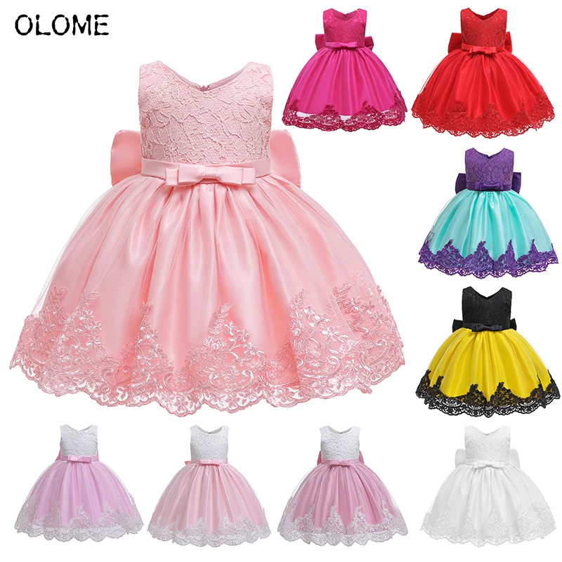 

OLOME New Ball Dress with Hair Band Patchwork Girls Lace Skirt Solid Kids Princess Costume Birthday Baby Children Clothing