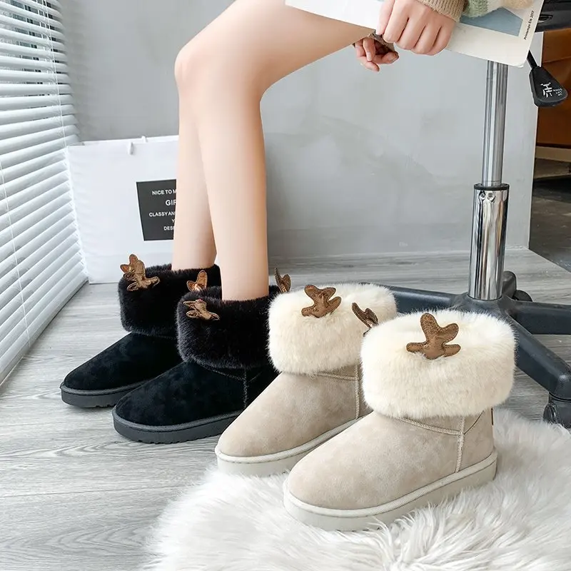 

Fashion Winter Snow Boots Women Boots Ankle Slip-On Round Toe Low (1cm-3cm) Flat with Solid Plush Keep Warm Thicken High Quality