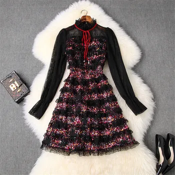 

Spring Designer Women Runway Dress 2020 New Fashion Long Sleeve Transparent Lace Patchwork Sequined Mini Party Sexy Dresses