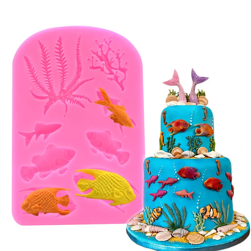 Ocean Fish Seaweed Silicone Mold DIY Cake Border Fondant Cake Decorating Tools Sea Coral Cupcake Chocolate Moulds