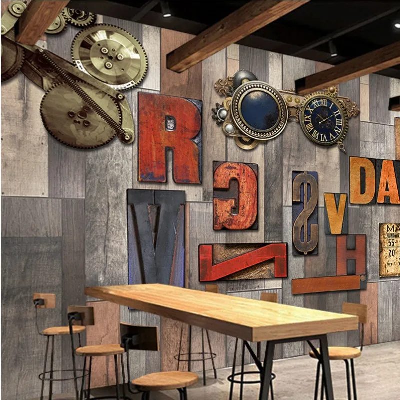 

Dropship Dropship Custom Wallpaper Retro Gear Wood Board Alphabet Shop Shopping Mall Theme Buffet Leisure Bar Bedroom Wallpaper