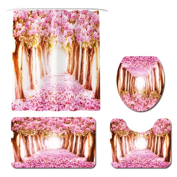 

4pcs Polyester Peach Blossom Printed Toilet Seat Cover Floor Pad Hotel Non Slip Home Universal Shower Curtain Bathroom Mats Set