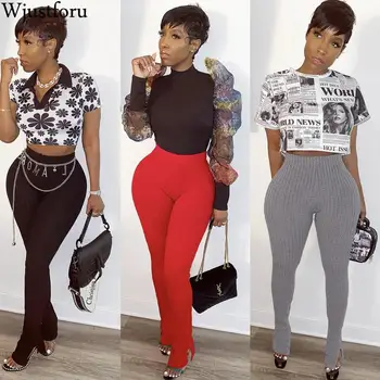 

Wjustforu Skinny Ribbed Flare Pants For Women Clothes 3 Color Summer Casual Split Pencil Pnats Female Bodyon Elegant Trousers