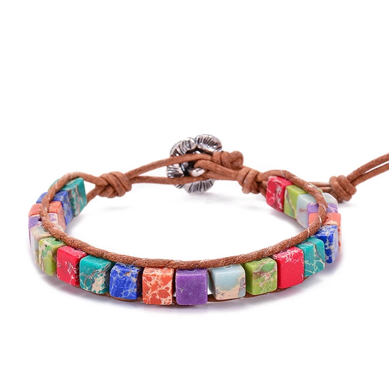 BOHO красочные кости форма натуральный камень один кожаный браслет обруча полудрагоценный камень квадратный бисерный Браслет-манжета