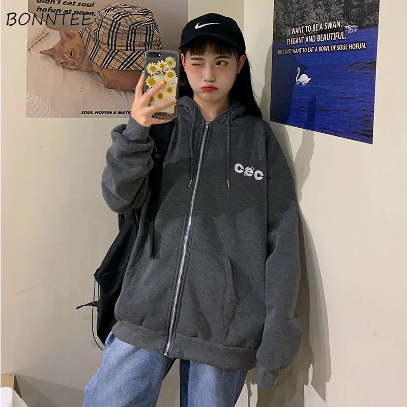 

Hoodies Women Korean Style Students Loose Zipper Large Ulzzang All-match Simple Fashion Letter Printed Zip-up Womens Sweatshirts