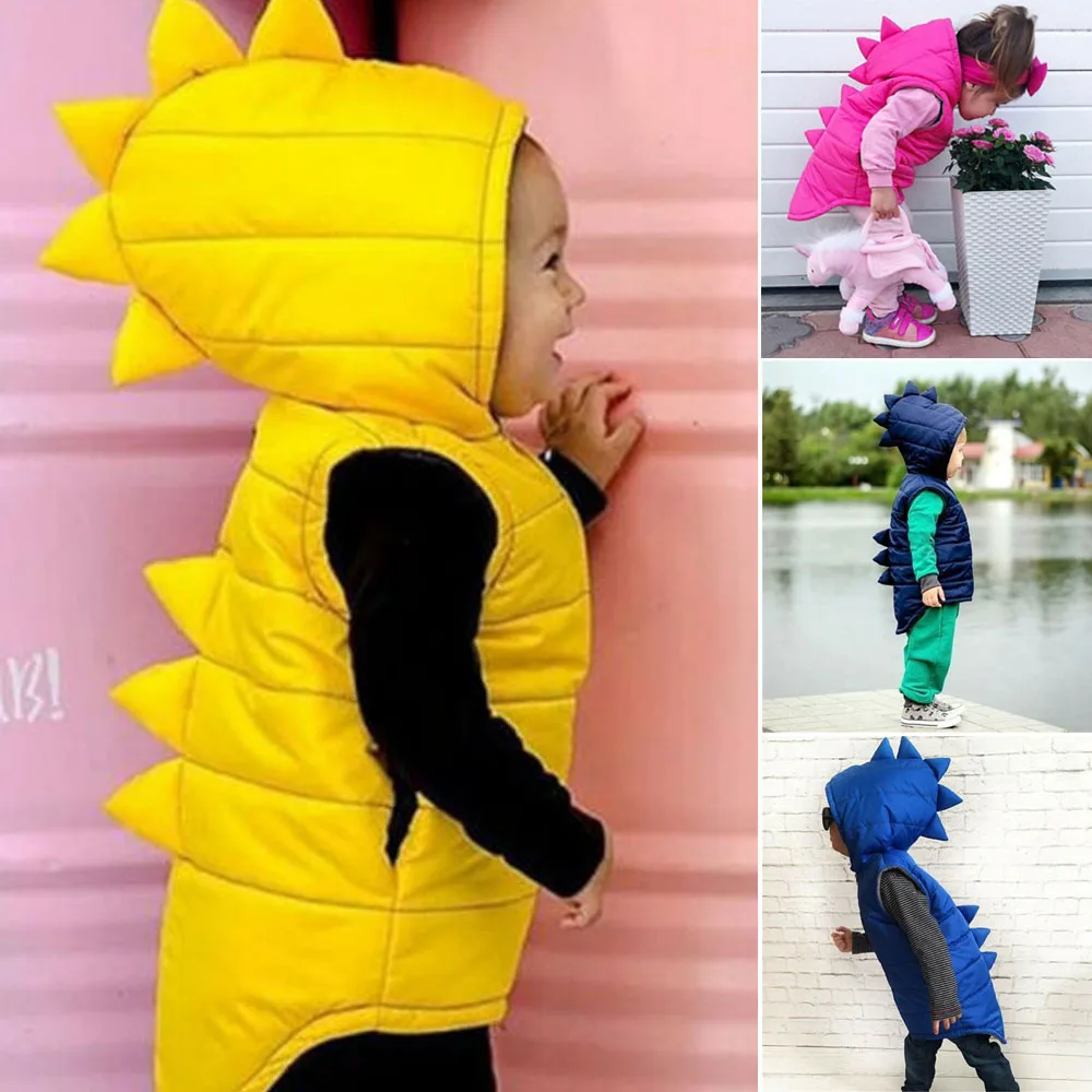 Winter Kids Baby Girl Boy Dinosaur Waistcoat Warm Cotton-padded Jacket Solid Sleeveless Zipper Vest Hooded Outerwear 0-7Y