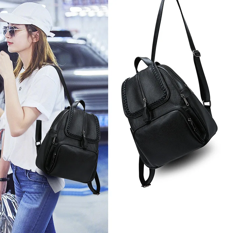 

Genuine Shoulders 2020 Soft Leather Backpack Joker Big Capacity Schoolbag Female Bag Chao