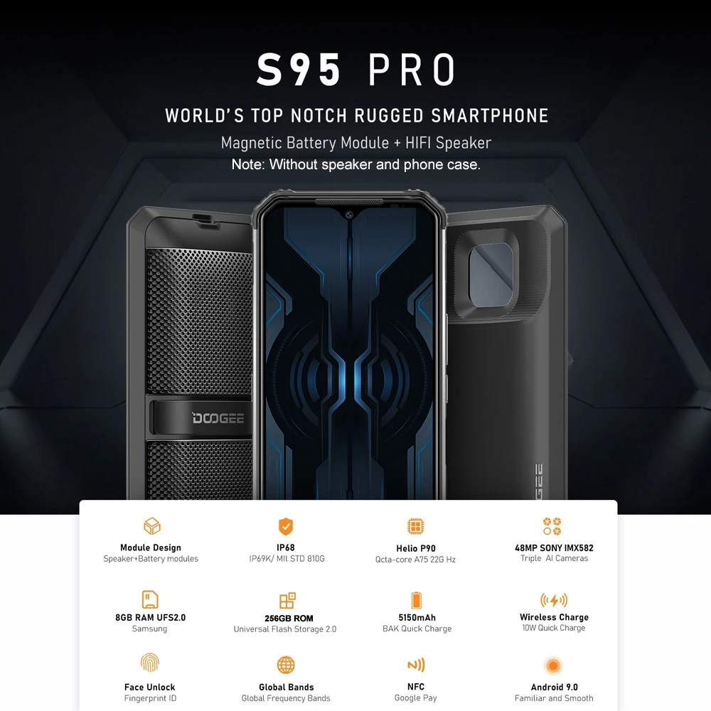 DOOGEE S95 Pro 256GB ROM 8GB RAM IP68/IP69K Rugged Phone Android 9.0 Pie Helio P90 Octa-Core 6.3\