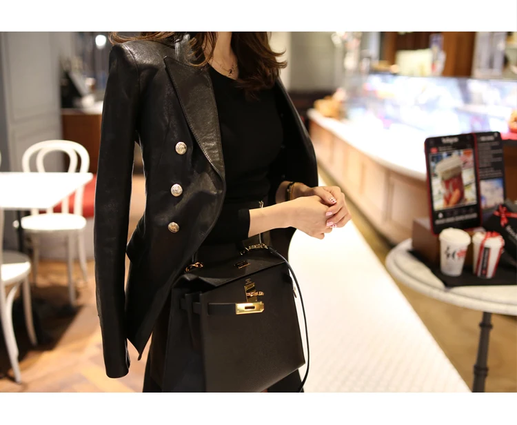 Новинка, модная женская куртка из искусственной кожи, осенне-зимняя двубортная приталенная Черная байкерская куртка с длинным рукавом, верхняя одежда