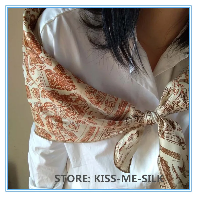 

KMS Horse Design Rice color and Brown Twill Silk Square Scarf Pure Silk Shawl Twill Wrap for Girl Lady Women 90*90CM/50G
