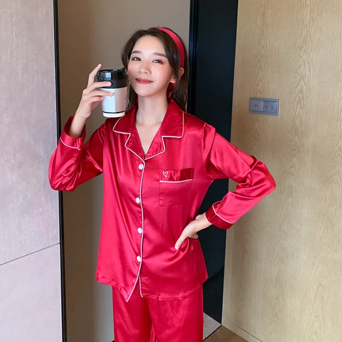 Spring Ladies Pajama Set Silk Satin 3PCS Set Long Pants Turndown Collar Shirt Elegant Femme Casual Sleepwear Sexy Homewear Women