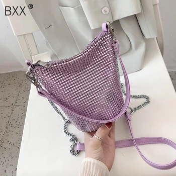 

[BXX] Chain Design PU Leather Crossbody Bucket Bags For Women 2020 Spring Luxury Diamonds Solid Color Shoulder Handbags HM563