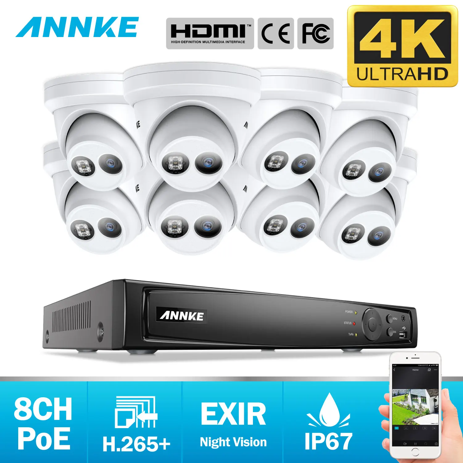 Сетевая система безопасности ANNKE 8 каналов 4K Ultra HD POE H.265 + NVR Мп 30 м EXIR IP-камера с