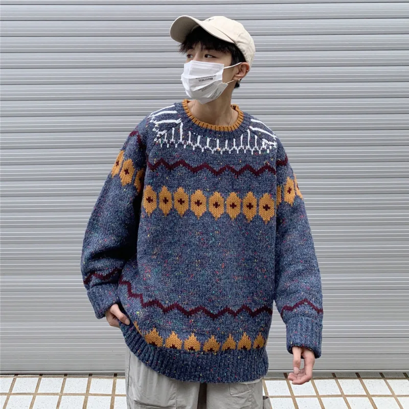 Winter Sweater Men Warm Fashion Retro Print Casual Knit Sweater Man Sweter Clothes Wild Loose Long-sleeved Pullover Men M-2XL Winter Sweater Men Warm Fashion Retro Print Casual Knit Sweater Man Sweter Clothes Wild Loose Long-sleeved Pullover Men M-2XL