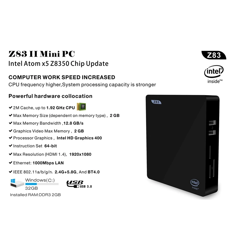 Мини-ПК Z83 для Intel Atom Z8350, до 1,92 ГГц, 4 Гб ОЗУ, 64 Гб ПЗУ, Windows 10, Bluetooth 4,0, 4 K, WiFi, 1000 м, LAN, Мини компьютер