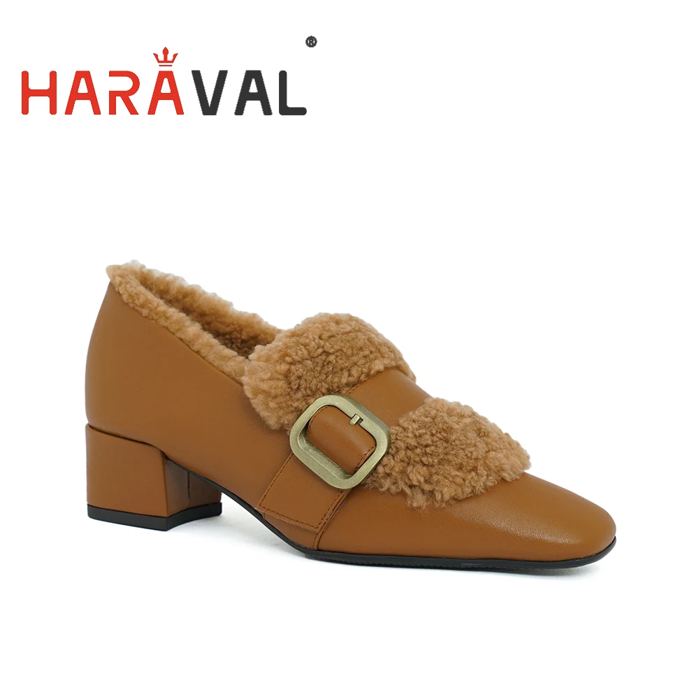 

HARAVAL Women Elegant Pumps With Low Heel Winter Wool Lining Warm Lady Single Shoes Buckle Slip On Footwear Solid Fashion E215L
