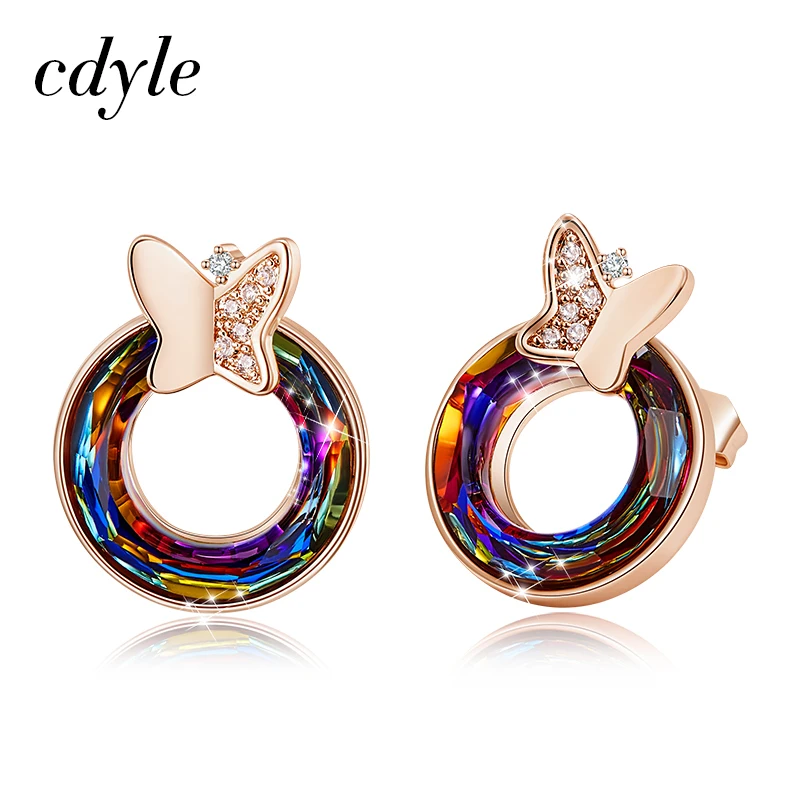 Cdyle женские модные ювелирные изделия медные серьги-гвоздики с кристаллами полые круглые серьги из розового золота с бабочкой