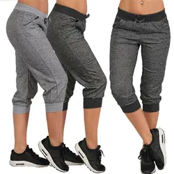 Calça curta feminina de verão, calça capri cropped, calça de corrida casual solta com cordão na cintura e bolsos laterais