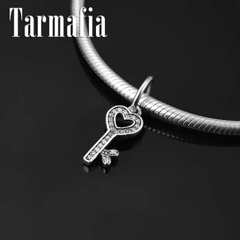 

New 925 Sterling Silver Clear Zircon Heart Key fine Charm Pendant Beads Fit Original European Pendant Bracelet Jewelry making