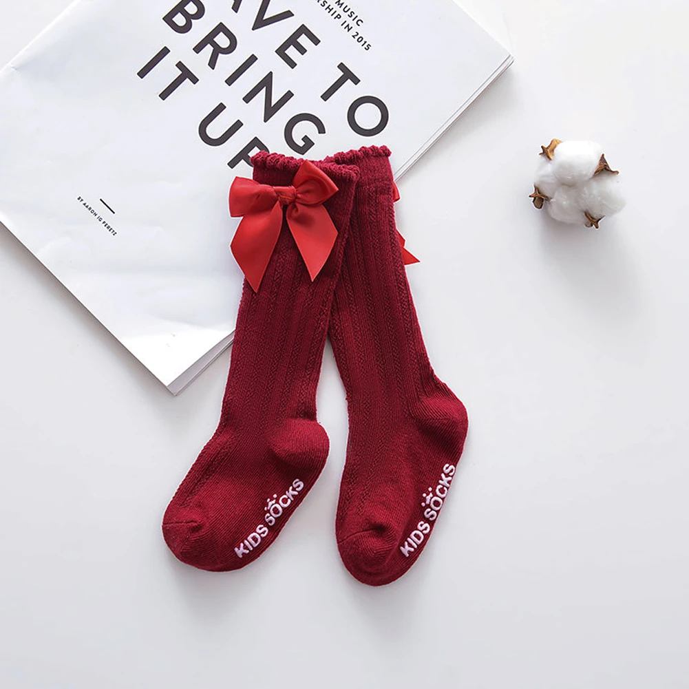 Г. Новые брендовые Детские носки мягкие хлопковые кружевные детские носки до колена с большим бантом и буквами для маленьких девочек от 0 до 4 лет - Цвет: Wine Red