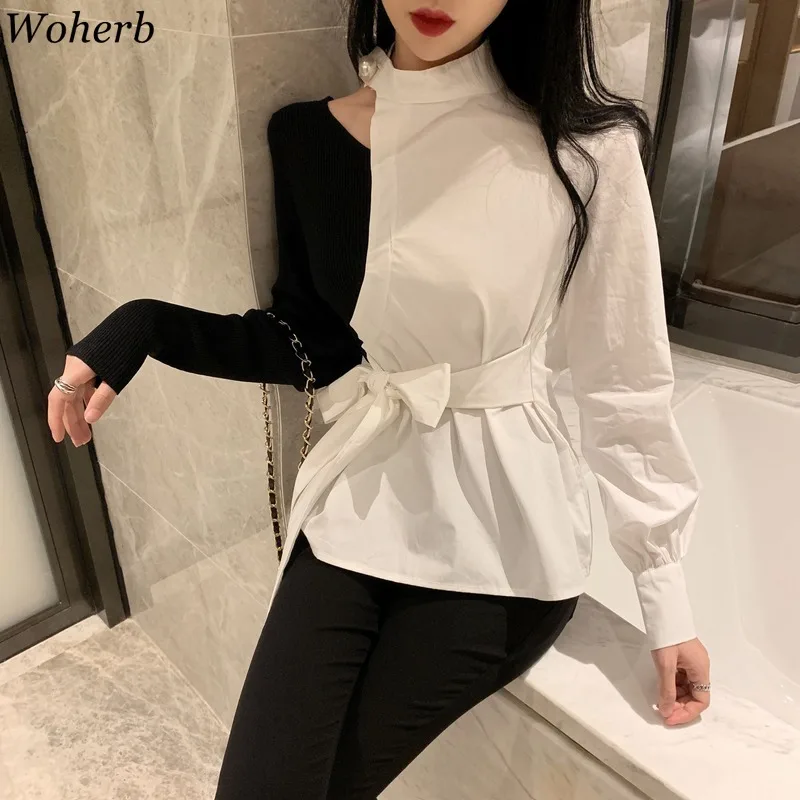 Woherb блуза в стиле пэчворк с вырезами, контрастный цвет, длинный рукав, на шнуровке, тонкая талия, рубашки, корейская мода, топы, уличная одежда 91121