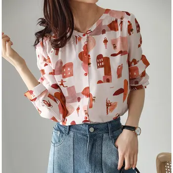 

Women Shirt 2020 Early Spring New Elegant Oil Painting Watercolor Graffiti Print Round Neck Long Sleeve Silk Shirt