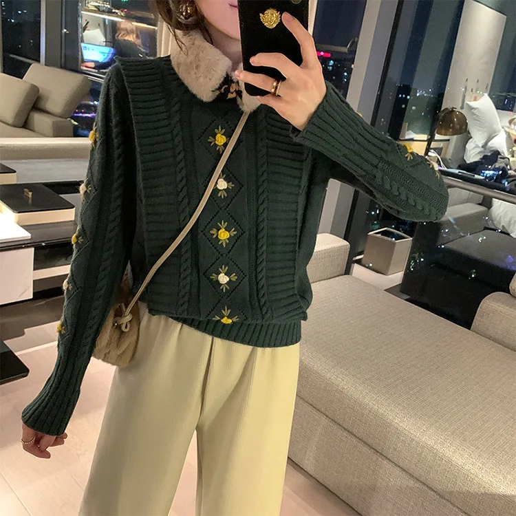 Women's Sweater 2020 Winter New Round Neck Flower Embroidery Twist Sweater Pullovers Women Sweater