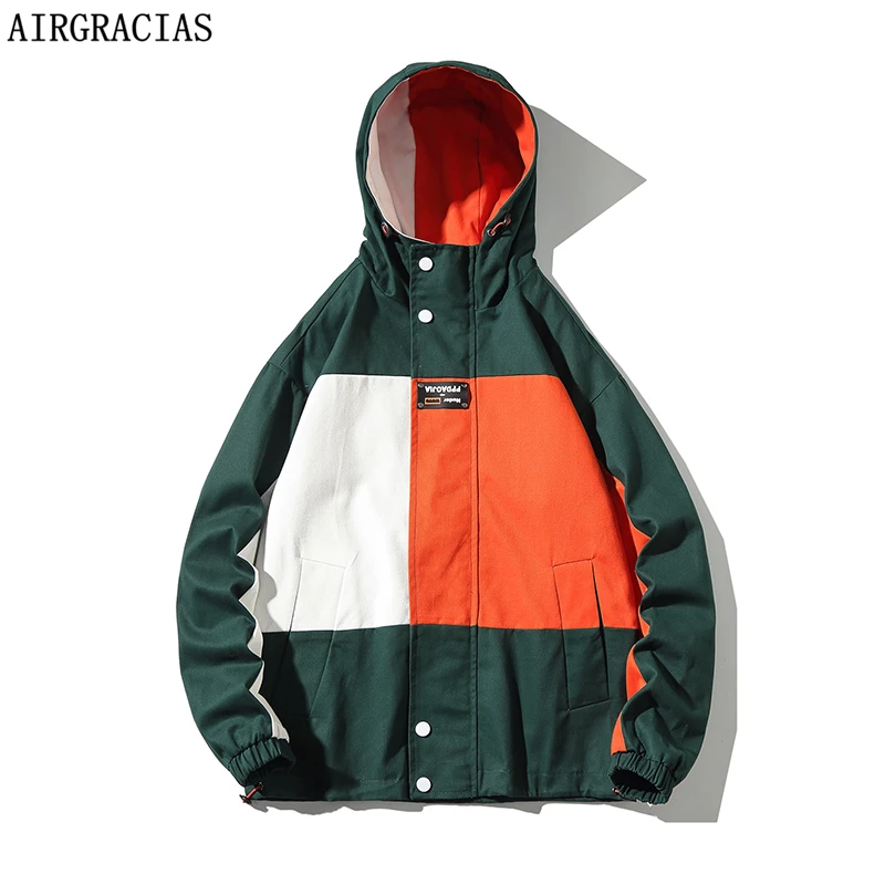 

AIRGRACIAS Patchwork Color Bomber Jacket Men 95% Cotton Spring Autumn Outerwear Sportswear Mens Hoodies Jackets Male Coats M-5XL