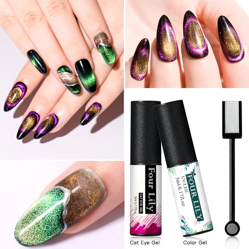 

FOUR LILY Cat Eye Nail Art Gel 7D Chameleon Magnetic Gel Nail Polish Long Lasting Shining Laser 5ml Soak Off UV LED Gel Varnish