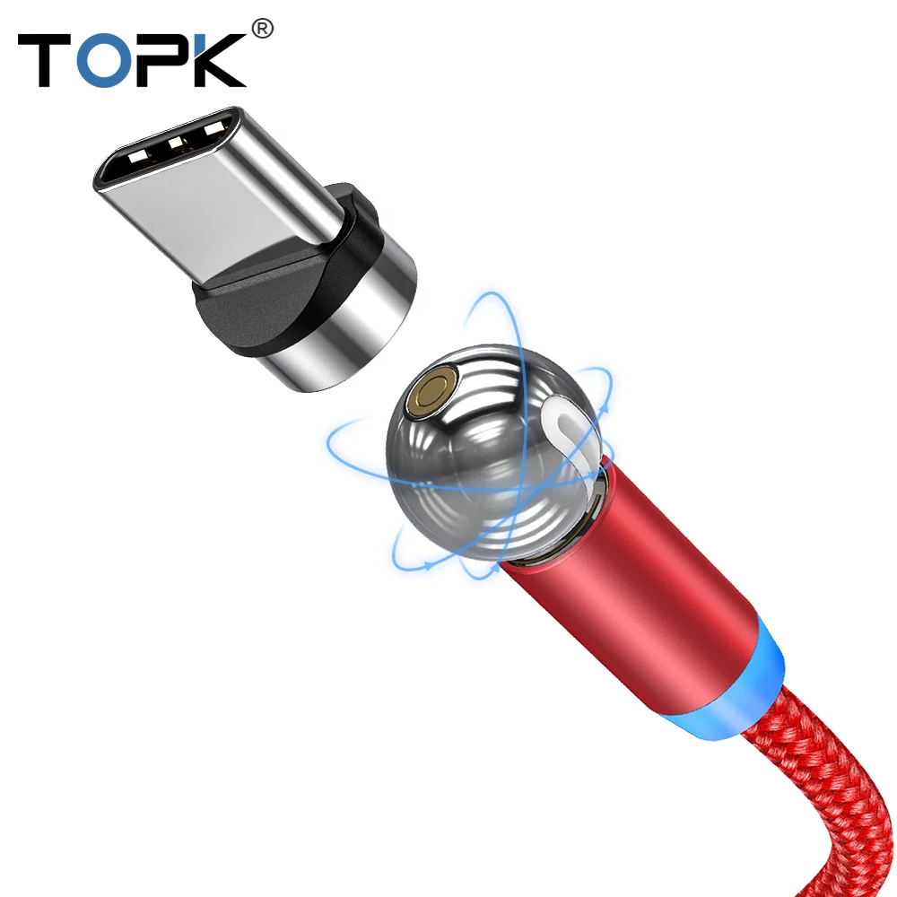 Red TypeC Cable TOPK AM28 Магнитный кабель с поворотом на 360 градусов, кабель Micro usb type C, Магнитный зарядный светодиодный usb-кабель для iPhone 11 XR XS Max X 8 7 - Цвет: Red TypeC Cable