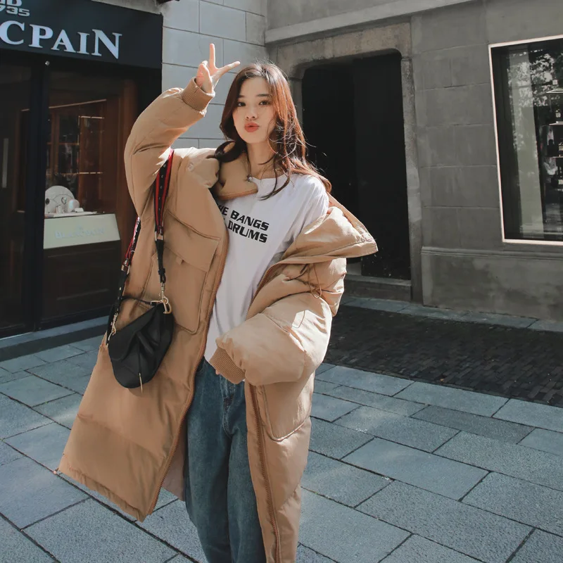 

2018 Winter New Style Neckline Drawstring Cotton Overcoat Korean-style Solid Color Mid-length over-the-Knee Hooded Cotton-padded