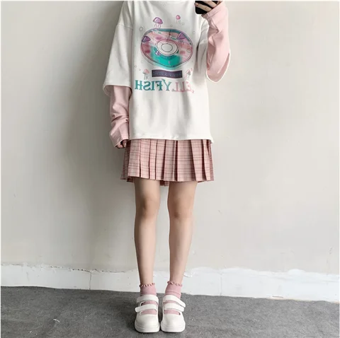NiceMix Harajuku футболка женская поддельная 2 шт. принт японский Fujiang Ужасы комиксы длинный рукав рубашка Женская Vetement Femme