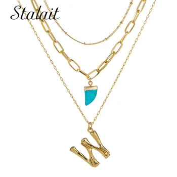 

Gold Color Blue Horn Ethic Stone Pendant Letter Name Necklace Charm Women 26 Capital Letters Long Link Chain Choker Jewelry
