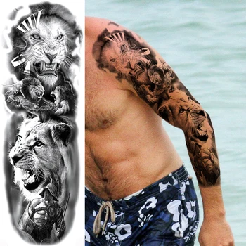 

Fighting Lion Tiger Wolf Temporary Tattoo For Men Women Adult Body Art Full Arm Warrior Tatoo Water Transfer Fake Tattoo Sticker