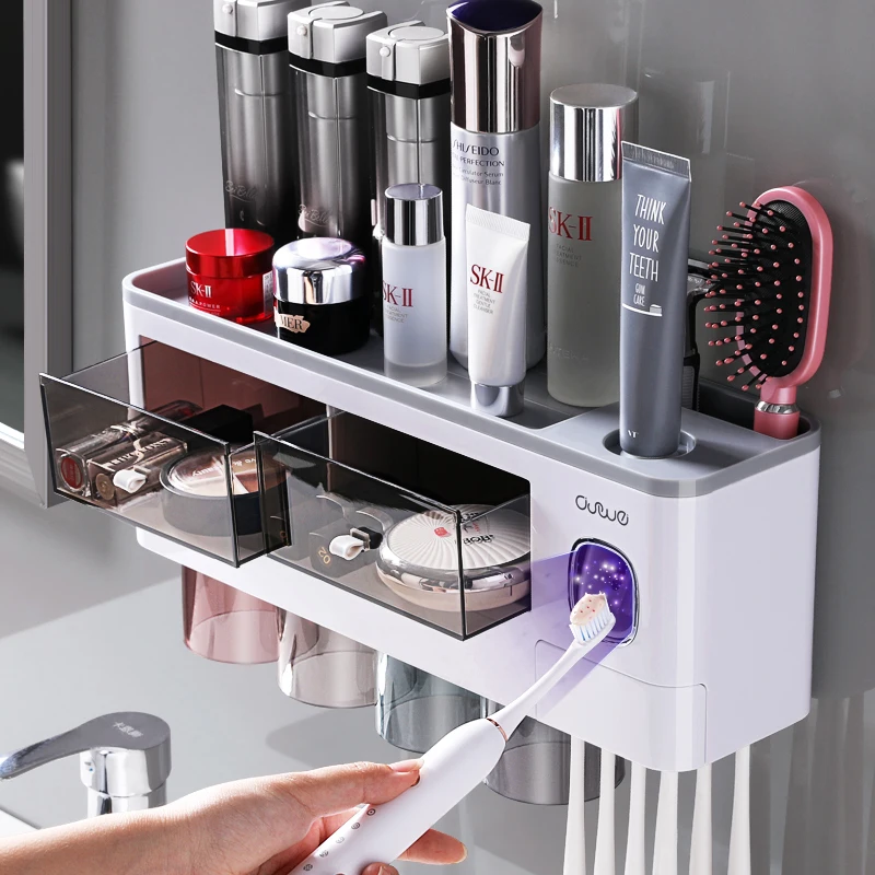 

Automatic Toothpaste Dispenser Squeezer Magnetic Toothbrush Holder With Cups Home Storage Rack For Bathroom Accessories