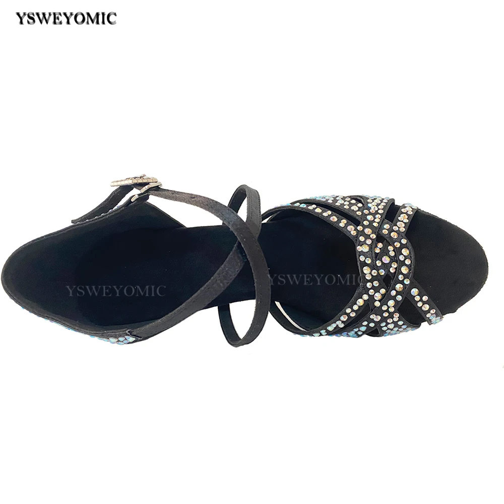 2022 New Style Latin Dance Shoes Black Satin Crystal Zapatos de baile latino Ballroom Latin Dance Shoes For Women 6-10cm heel