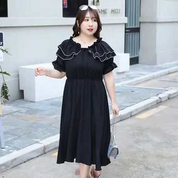 

Women's summer solid color chiffon ruffled dress plus size calf length casual dress 100 kg can be worn