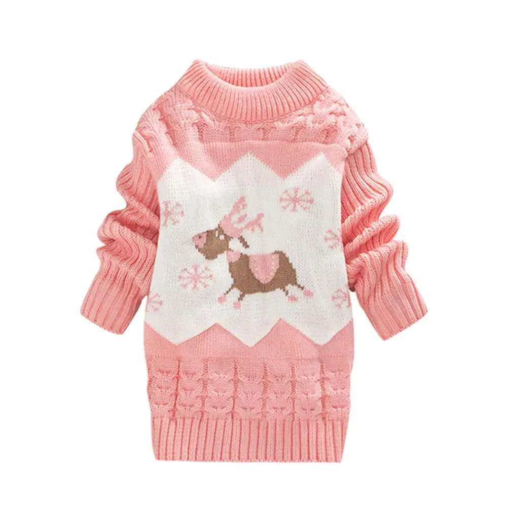 Свитер для малышей; топы для маленьких девочек с рождественским оленем; теплый толстый свитер; вязанная крючком футболка с длинными рукавами; теплая однотонная одежда с оборками