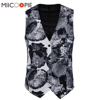 

Autumn Random Printed Black White Waistcoat Men Fashion Linen Single Breasted Sleeveless Suit Vest Business Wedding Dress Vest