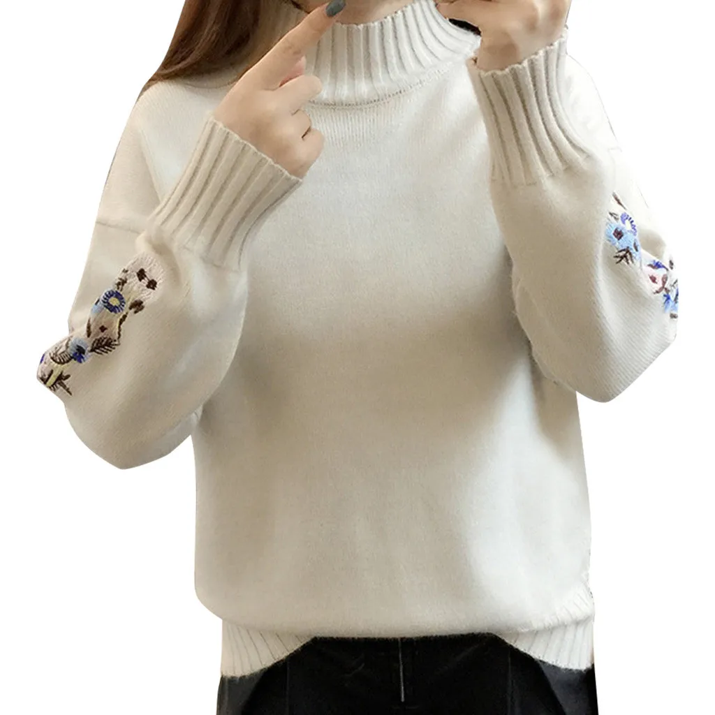 Осенне-зимний женский свитер, пуловер с вышивкой, водолазка, вязаный базовый джемпер, топы, пуловеры, зимние вязаные Джемперы#38