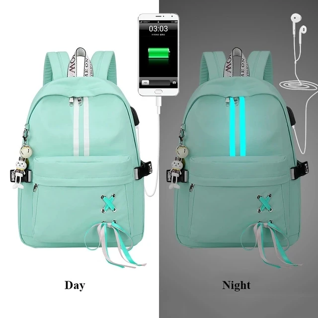 

Night Glow Strip Backpack for School Student Bag Youth Girl Backpack USB Headphone Jack Multi-function Backpack