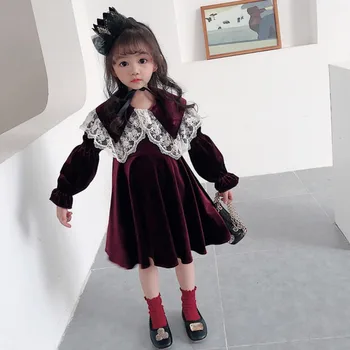 

New Autumn And Winter New Girl's Delicate Embroidered Lace Decoration Large Lapel Waist Princess Velvet Skirt