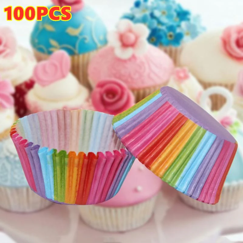 

100pcs Cupcake Paper Cups Rainbow Liner Cupcake Muffin Cases Paper Cake Baking Molds Wedding Party Decorating Cupcake Cases