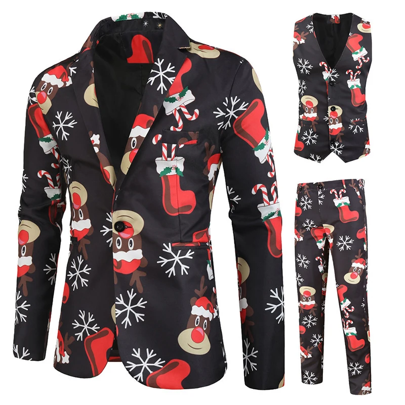 

Men Chritmas Suit New Fashion Print Casual Suit Party Prom Banquet Stage Costume Singer Host Dancer 3 Pieces Jacket Vest Pants
