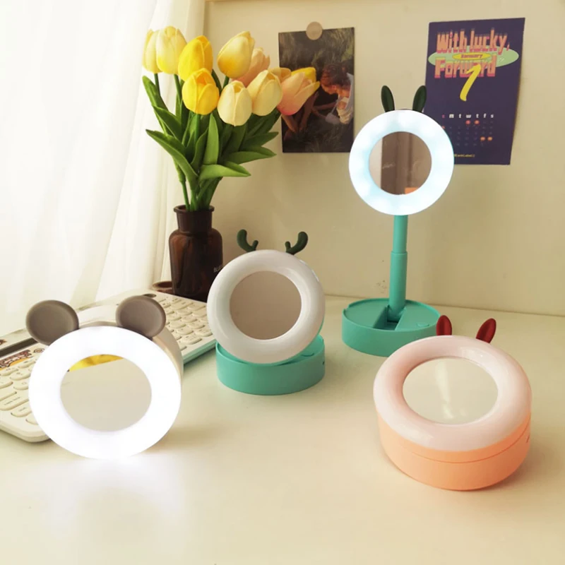 Rabbit Makeup Light Mirror LED Lamp LED Fill Light Desktop LED With Light Makeup Mirror Foldable Cartoon Night Light