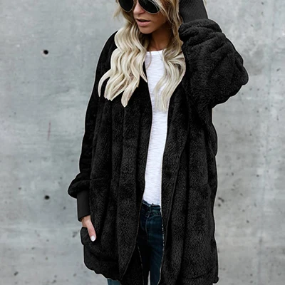 Осеннее пальто из искусственного меха с капюшоном, с открытым стежком, для женщин, однотонное, размера плюс, плюшевое пальто, зимнее, с длинным рукавом, розовое, модное, тонкое, меховая куртка для женщин - Цвет: black