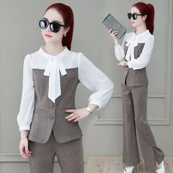 

Fashion patchwork women blouse shirt suits Long sleeve single breasted blazer pants set office ladies two-piece sets