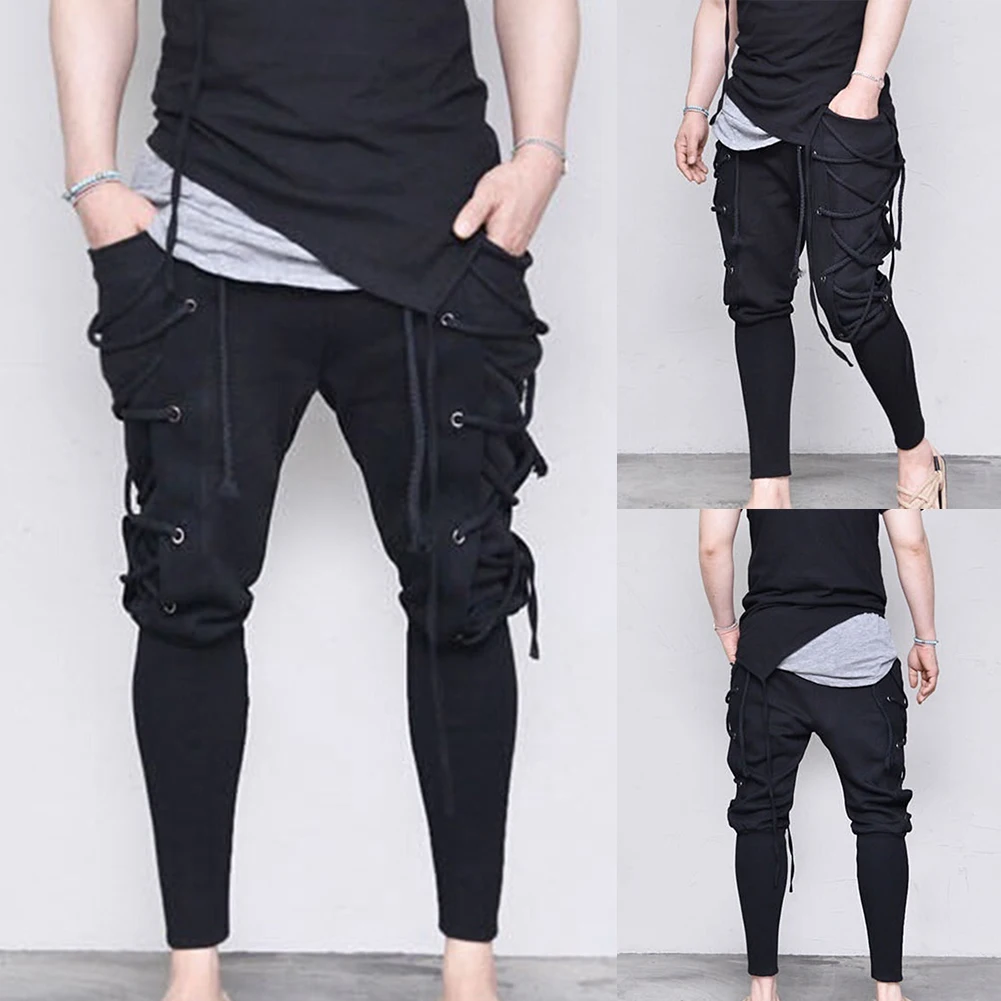 Men Solid Color Baggy Pencil Pants Navigator Bandage Elatsic Waist Trousers