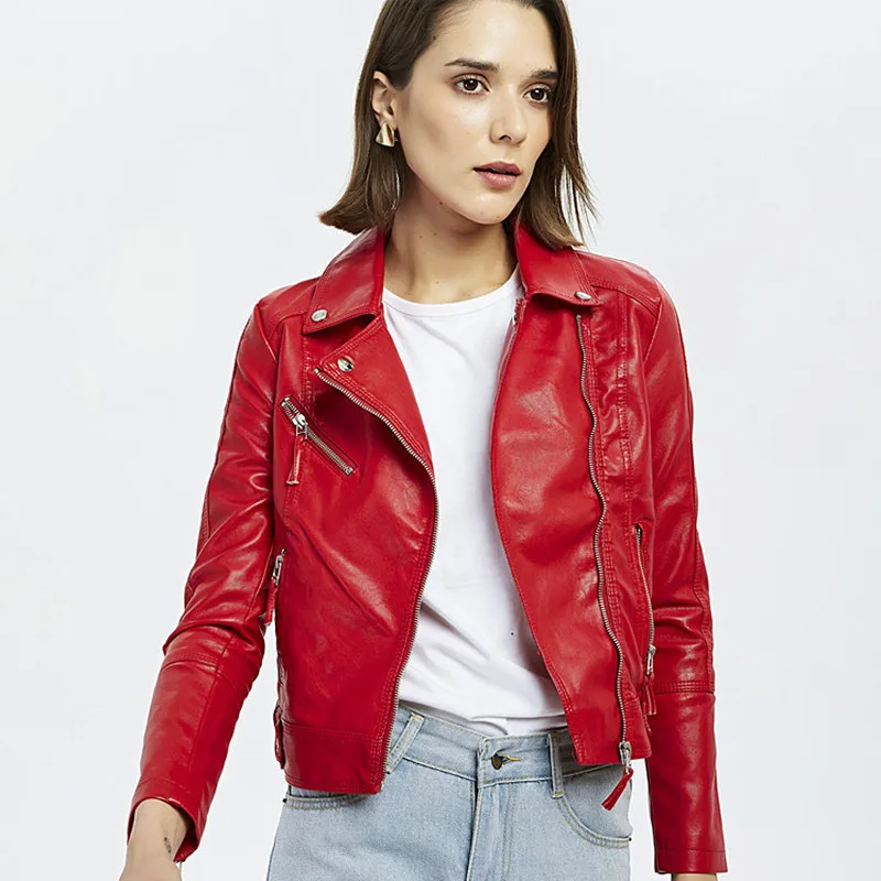 Outono do Plutônio do Falso Jaqueta de Couro Macio da Motocicleta Feminino Curto Vermelho Preto Jaquetas Senhoras Moda Bicicleta Zíper Cabolsa Roupas